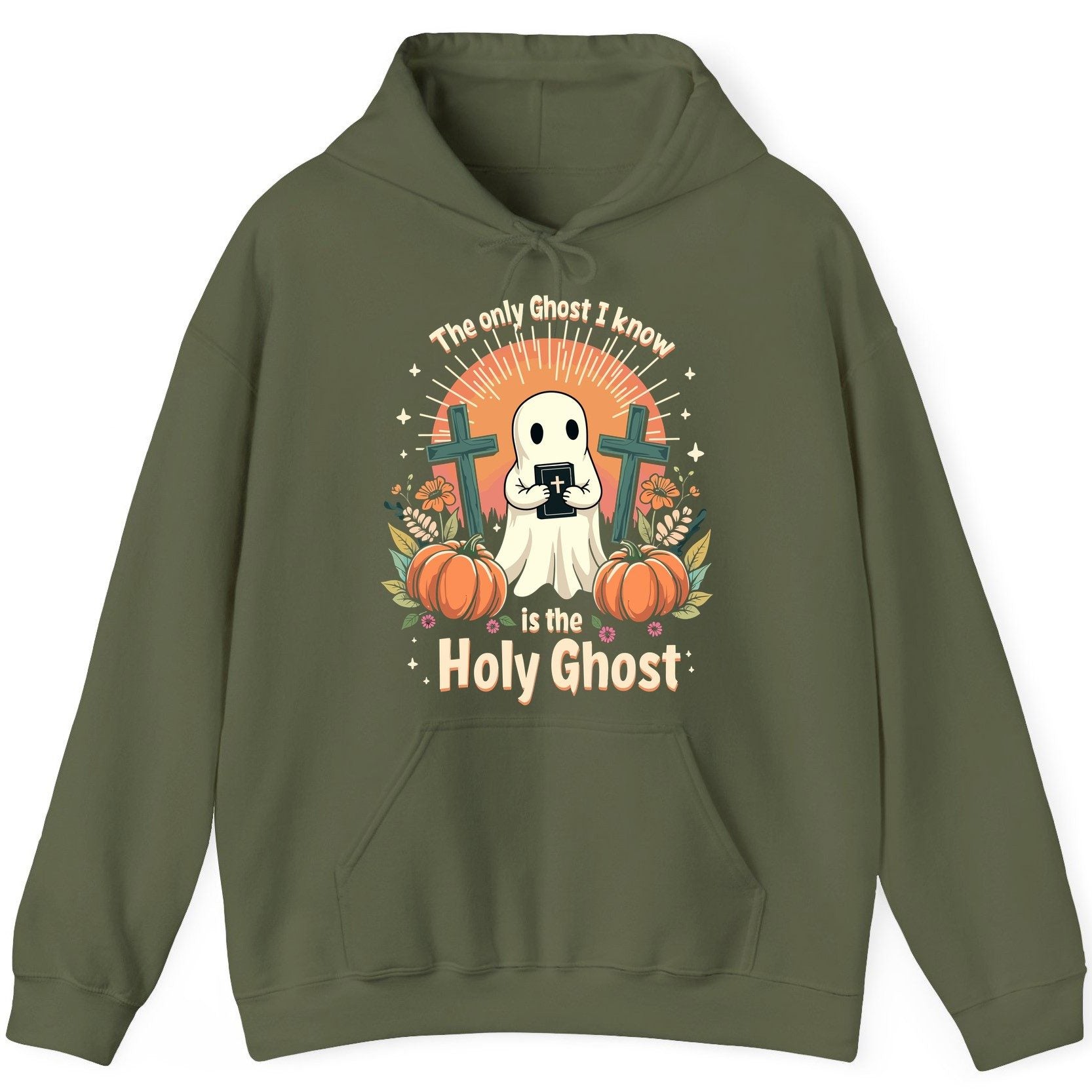 The Only Ghost I Know Is the Holy Ghost christian Halloween Hoodie Military Green product mockup