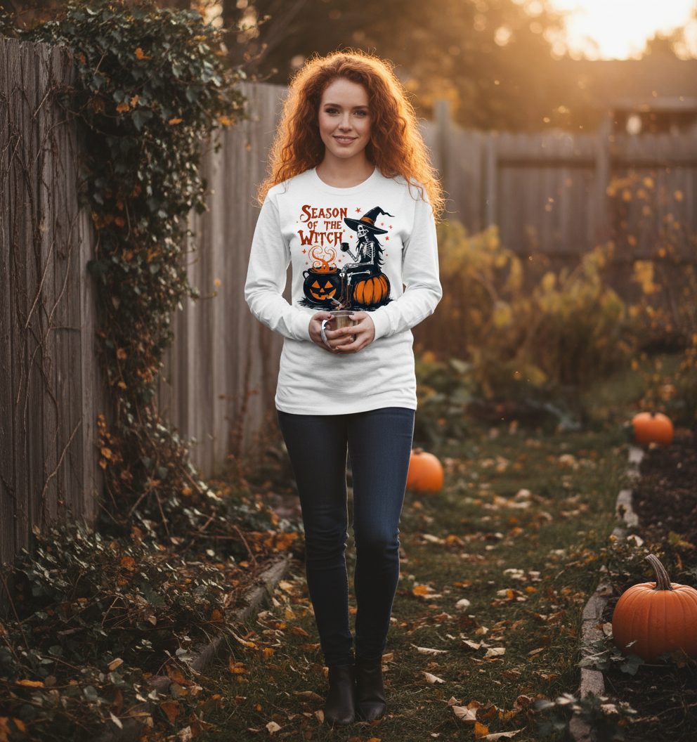 Season of the Witch skeleton witch Long Sleeve Tee White lifestyle mockup