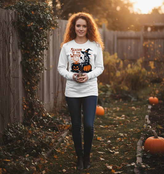 Season of the Witch skeleton witch Long Sleeve Tee White lifestyle mockup