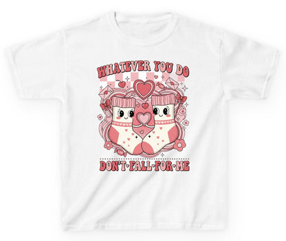 Whatever You Do Don't Fall for Me anti-Valentine's Day Youth T-Shirt White product mockup