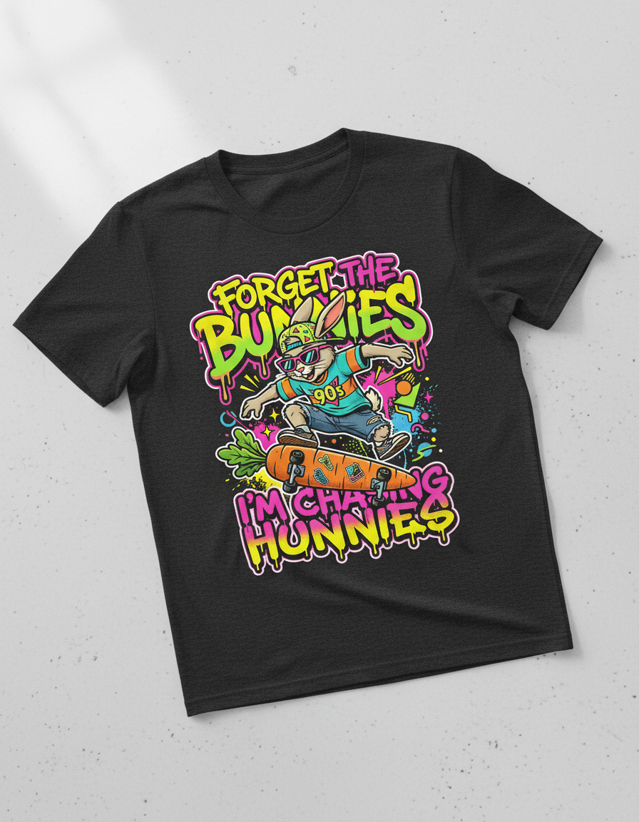 Funny 90s Skater Rabbit Chasing Hunnies T-Shirt - Dark Heather