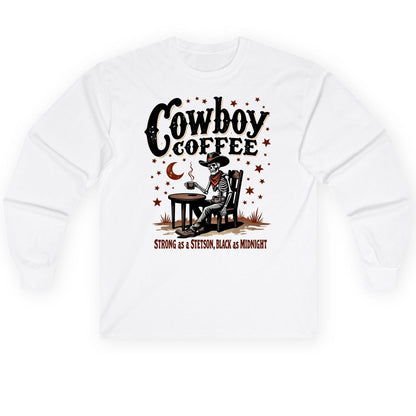 Cowboy Coffee Strong as a Stetson, Black as Midnight cowboy skeleton Long Sleeve Tee White product mockup