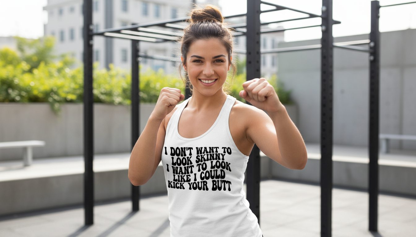 I Don't Want to Look Skinny I Want to Look Like I Could Kick Your Butt fitness motivation Tank Top White lifestyle mockup