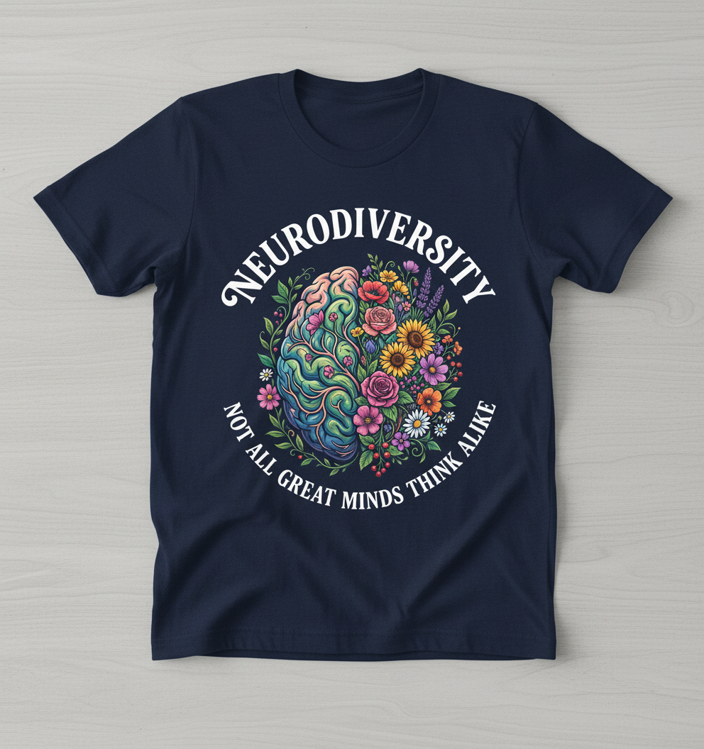 Neurodiversity Floral Brain 'Not All Great Minds Think Alike' T-Shirt - Navy
