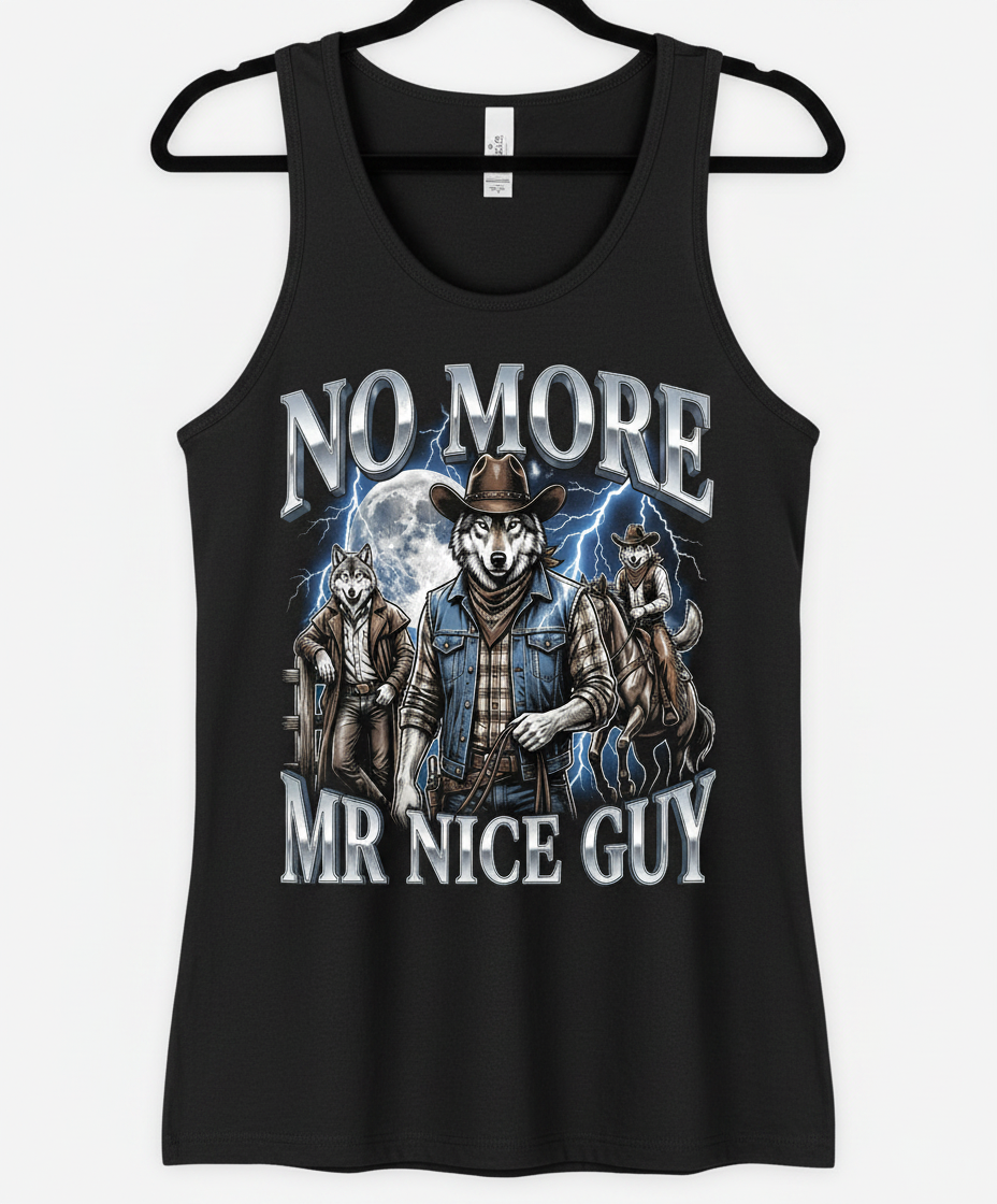 No More Mr Nice Guy Cowboy Wolf Tank Top - product mockup - Black