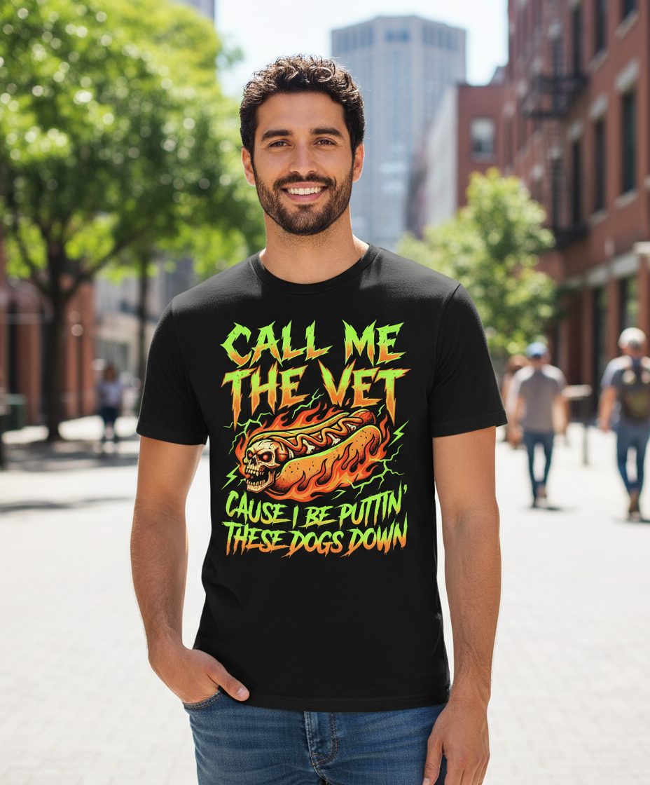 Call Me the Vet 'Cause I Be Puttin These Dogs Down sarcastic hot dog T-Shirt Black lifestyle mockup