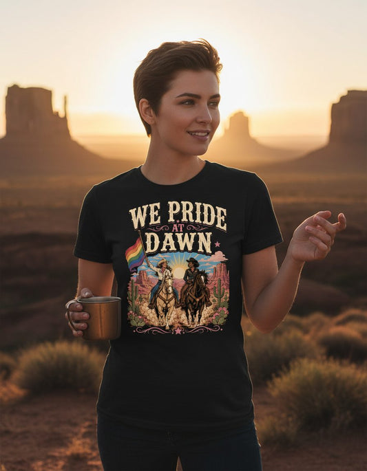 We Pride at Dawn Retro Lgbtq T-Shirt - lifestyle model mockup - Black