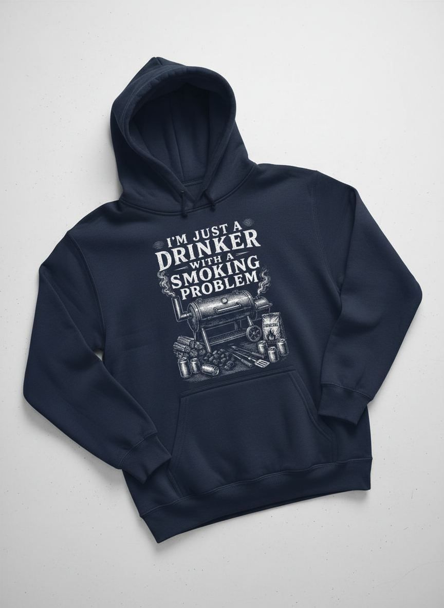 I'M JUST A DRINKER WITH A SMOKING PROBLEM Funny Drinker With A Smoking Problem BBQ Hoodie - product mockup - Navy