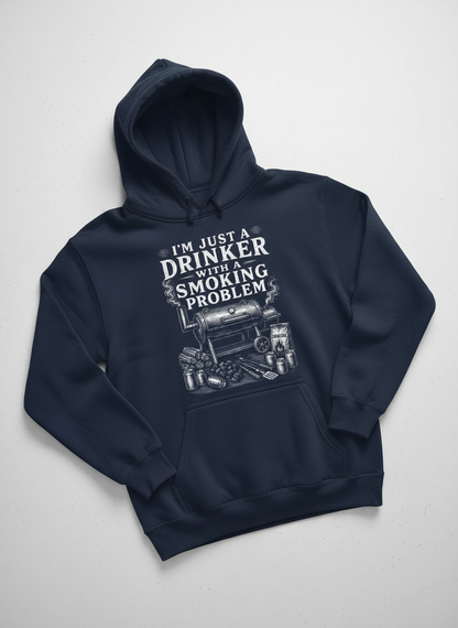 I'M JUST A DRINKER WITH A SMOKING PROBLEM Funny Drinker With A Smoking Problem BBQ Hoodie - product mockup - Navy
