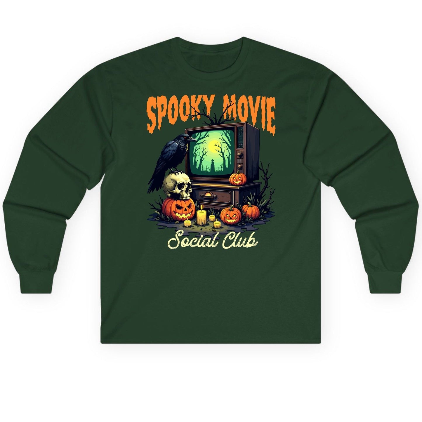 Spooky Movie Social Club Halloween Long Sleeve Tee Forest Green product mockup