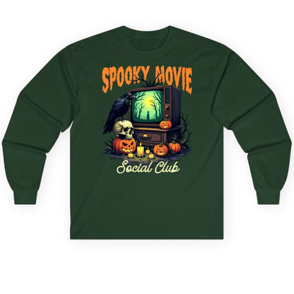 Spooky Movie Social Club Halloween Long Sleeve Tee Forest Green product mockup