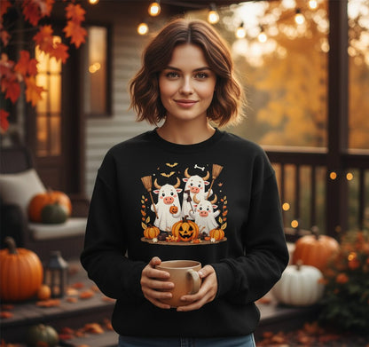 Cute Ghost Cows Halloween cows Sweatshirt Black lifestyle mockup