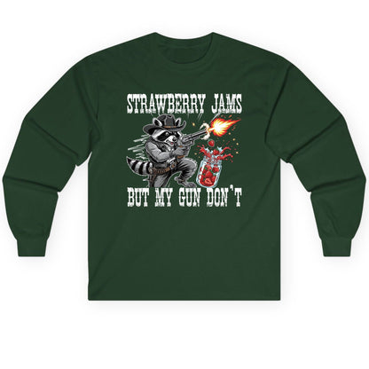 Strawberry Jams but My Gun Don't raccoon Long Sleeve Tee Forest Green product mockup