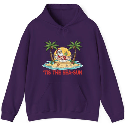 'Tis the Sea-Sun santa claus on a tropical vacation Hoodie Purple product mockup