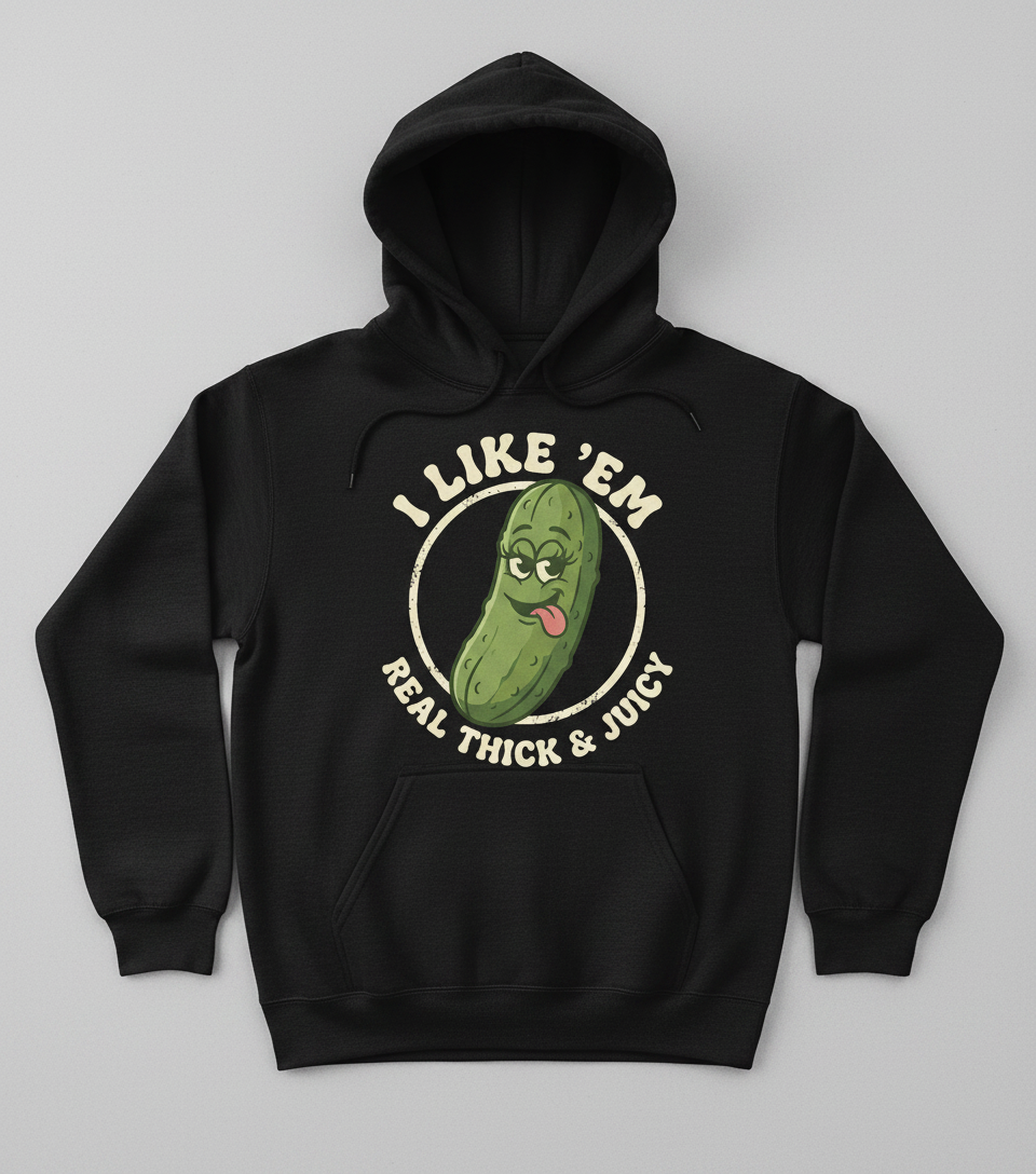 Funny Pickle 'I Like 'Em Real Thick & Juicy' Retro Design Hoodie - Black