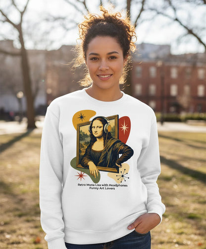 Retro Mona Lisa with Headphones Funny Art Lovers Sweatshirt - lifestyle model mockup - White