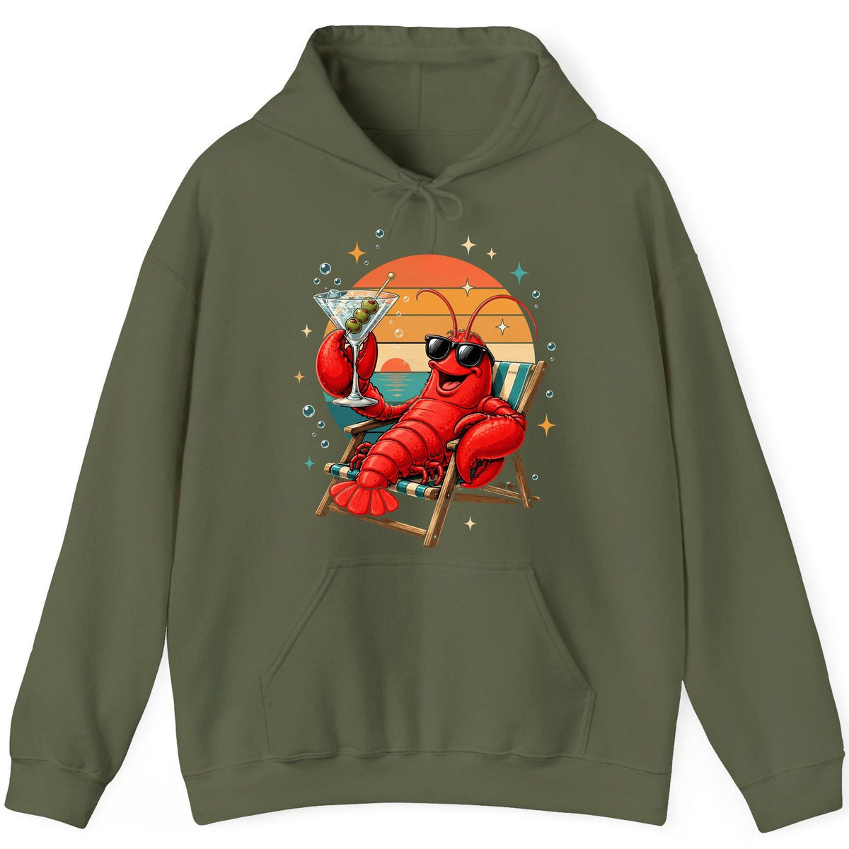 Funny Lobster Drinking Martini lobster Hoodie Military Green product mockup