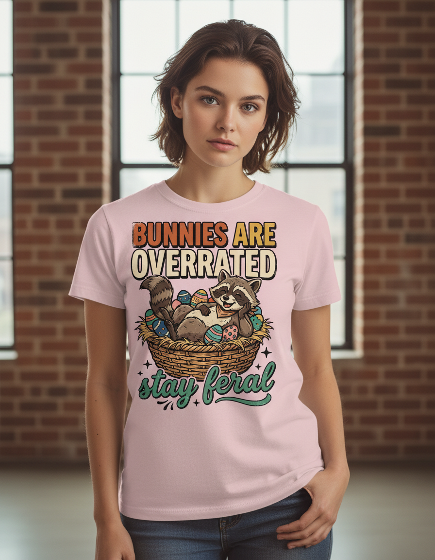 Bunnies Are Overrated Stay Feral Raccoon Easter Design T-Shirt - Light Pink