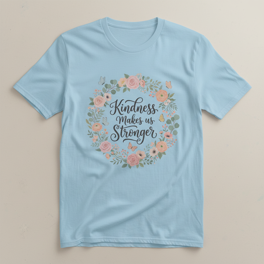 Kindness Makes Us Stronger Floral Wreath T-Shirt - Light Blue