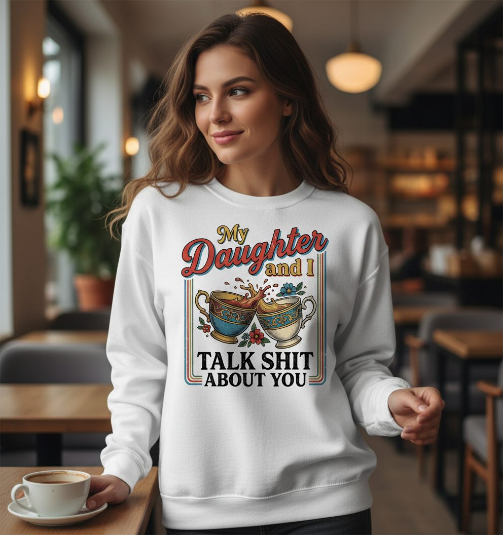 My Daughter and I Talk Shit About You Sweatshirt - lifestyle model mockup - White