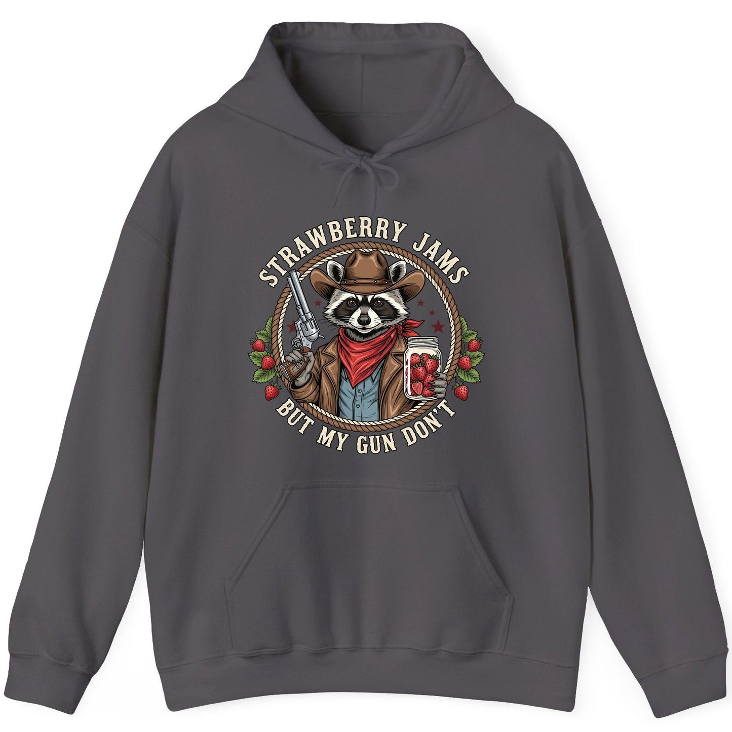 Strawberry Jams but My Gun Don't cowboy raccoon Hoodie Charcoal product mockup