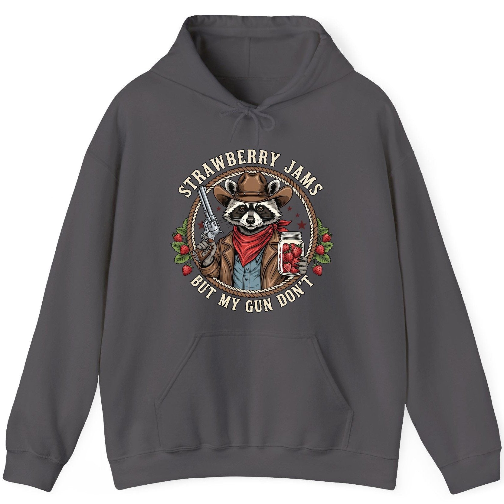 Strawberry Jams but My Gun Don't cowboy raccoon Hoodie Charcoal product mockup