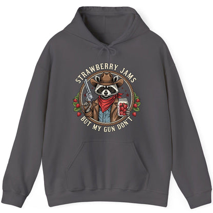 Strawberry Jams but My Gun Don't cowboy raccoon Hoodie Charcoal product mockup