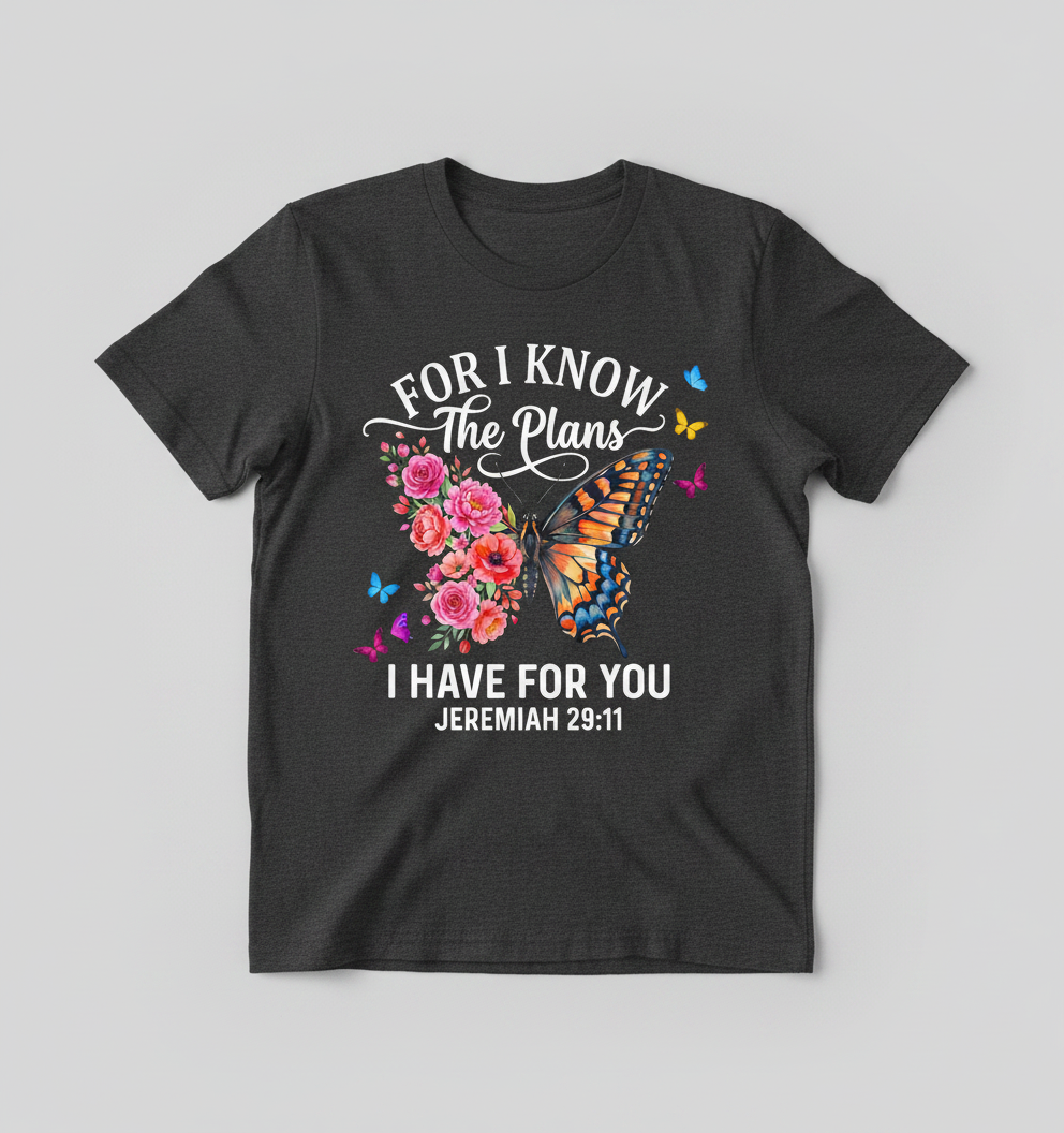 Jeremiah 29:11 For I Know The Plans Butterfly Floral Christian Verse T-Shirt - Dark Heather