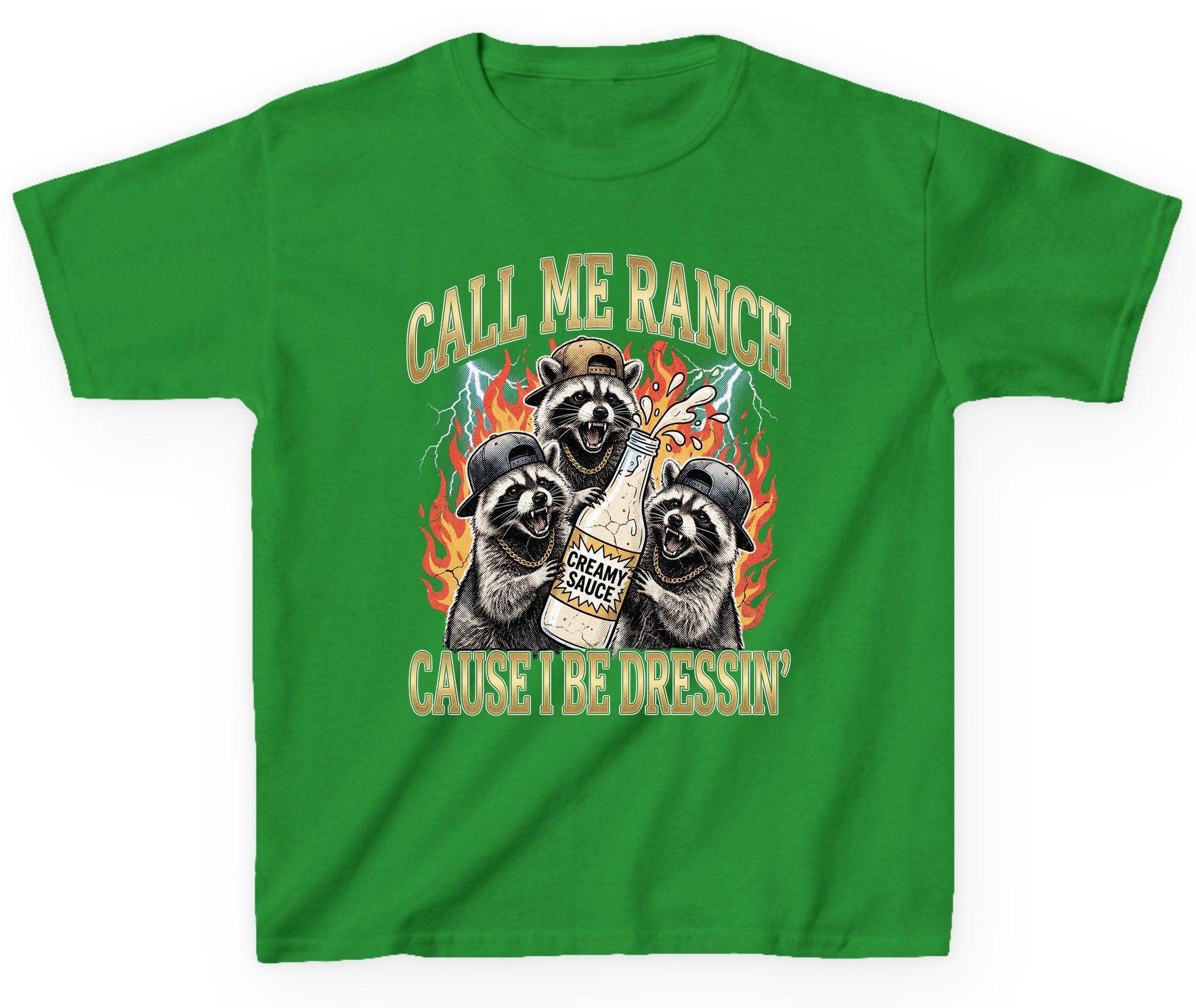 Call Me Ranch Cause I Be Dressin' raccoons Youth T-Shirt Irish Green product mockup