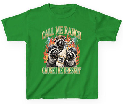 Call Me Ranch Cause I Be Dressin' raccoons Youth T-Shirt Irish Green product mockup
