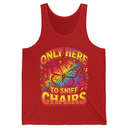 ONLY HERE TO SNIFF CHAIRS Funny Meme Tank Top - product mockup - Red