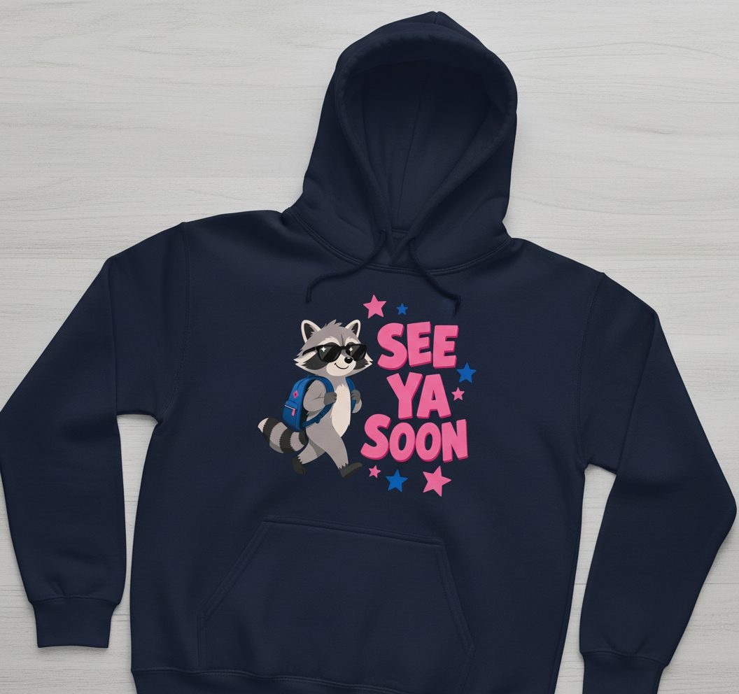 See Ya Soon Raccoon Hoodie - product mockup - Navy