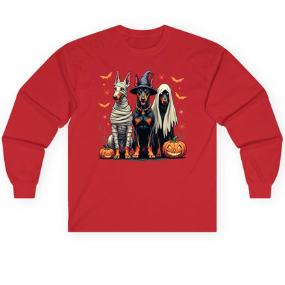 Halloween Doberman Trio doberman pinscher Long Sleeve Tee Red product mockup