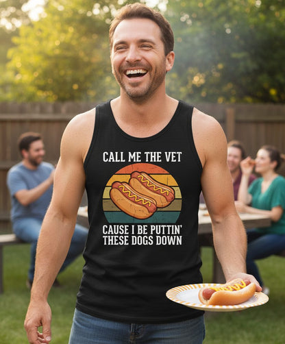 Call Me the Vet Cause I Be Puttin' These Dogs Down hot dogs Tank Top Black lifestyle mockup