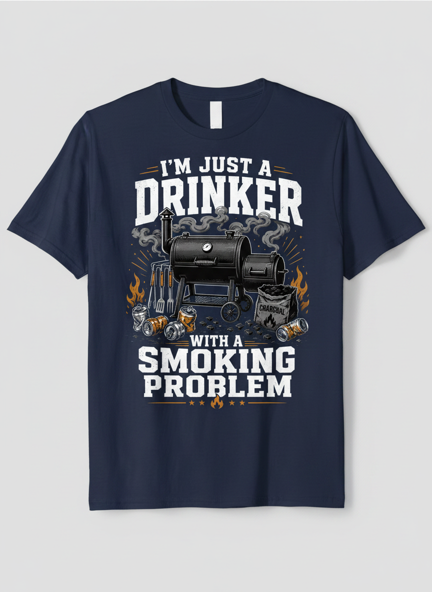 I'M JUST A DRINKER WITH A SMOKING PROBLEM Funny Drinker With A Smoking Problem BBQ T-Shirt - product mockup - Navy