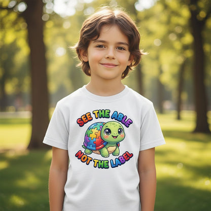 SEE THE ABLE NOT THE LABEL Autism Awareness Youth T-Shirt - lifestyle model mockup - White