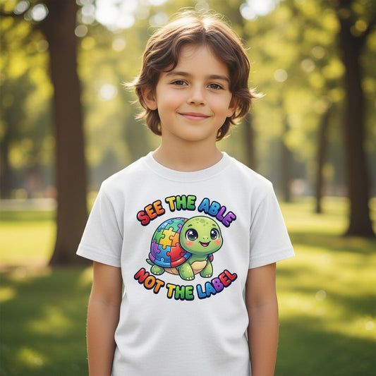SEE THE ABLE NOT THE LABEL Autism Awareness Youth T-Shirt - lifestyle model mockup - White