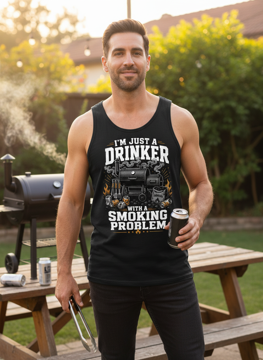 I'M JUST A DRINKER WITH A SMOKING PROBLEM Funny Drinker With A Smoking Problem BBQ Tank Top - lifestyle model mockup - Black