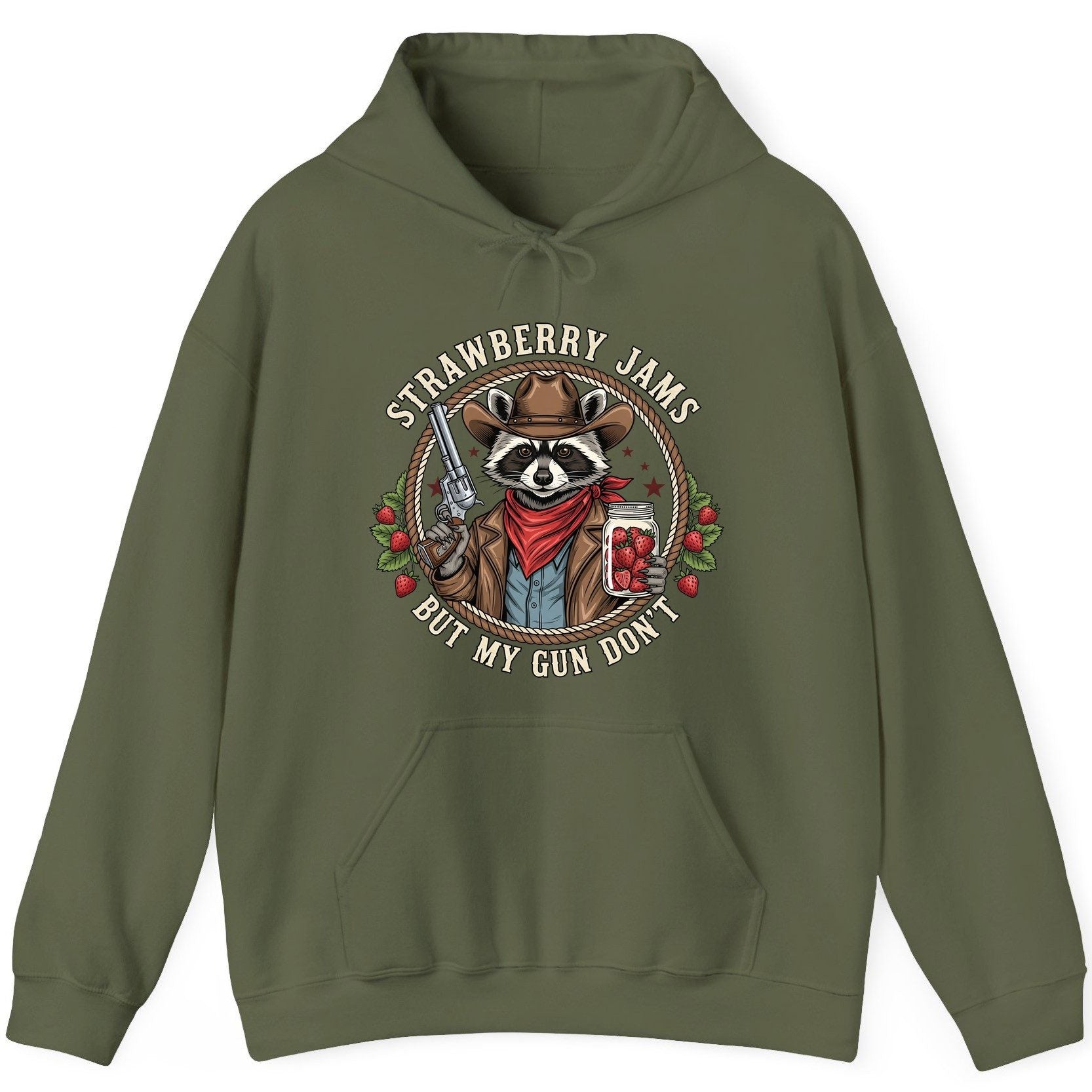 Strawberry Jams but My Gun Don't cowboy raccoon Hoodie Military Green product mockup