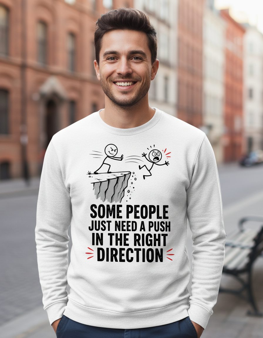 Some People Just Need a Push in the Right Direction Funny Sarcastic Humor Sweatshirt - lifestyle model mockup - White