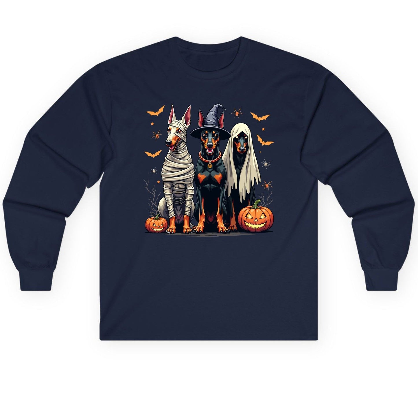 Halloween Doberman Trio doberman pinscher Long Sleeve Tee Navy product mockup