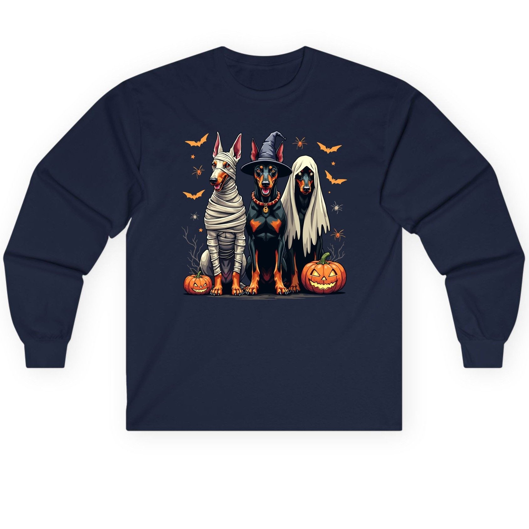 Halloween Doberman Trio doberman pinscher Long Sleeve Tee Navy product mockup