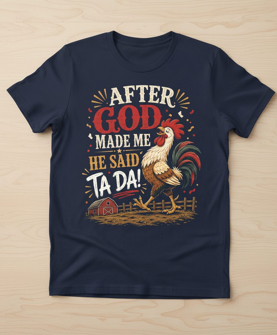 AFTER GOD MADE ME HE SAID TA DA Funny Rooster T-Shirt - product mockup - Navy
