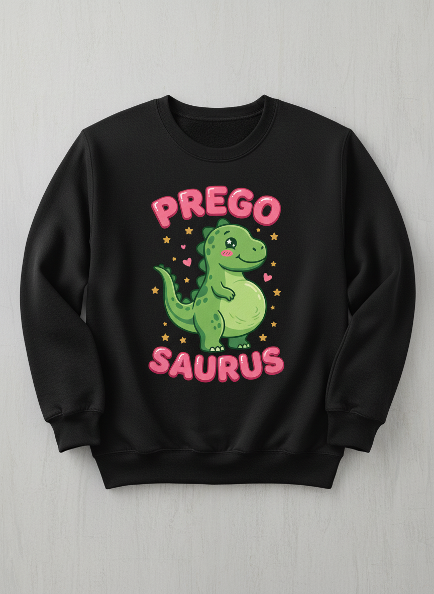 Cute Pregnant Dinosaur Prego Saurus Sweatshirt - Black