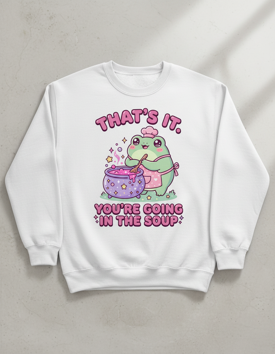 Kawaii Frog Chef 'You're Going In The Soup' Funny Meme Design Sweatshirt - White