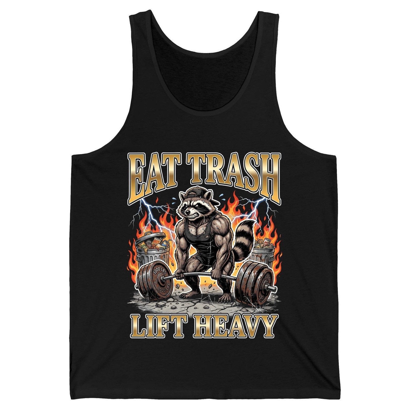 Eat Trash Lift Heavy weightlifting raccoon Tank Top Black product mockup