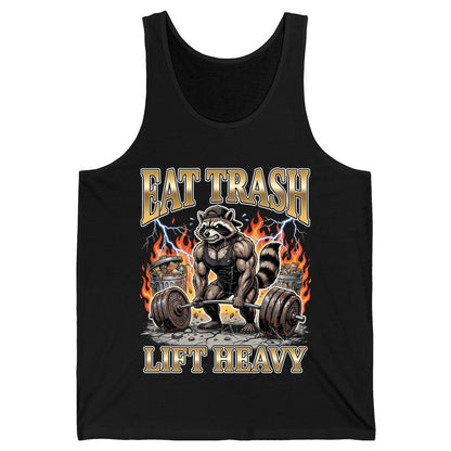 Eat Trash Lift Heavy weightlifting raccoon Tank Top Black product mockup