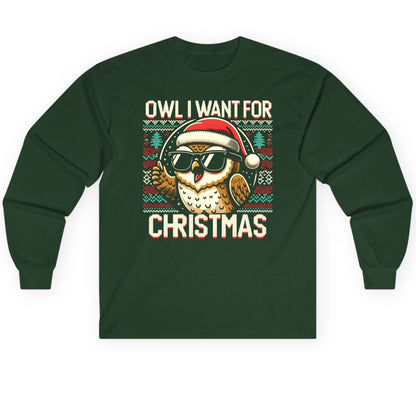 Owl I Want for Christmas Christmas owl Long Sleeve Tee Forest Green product mockup