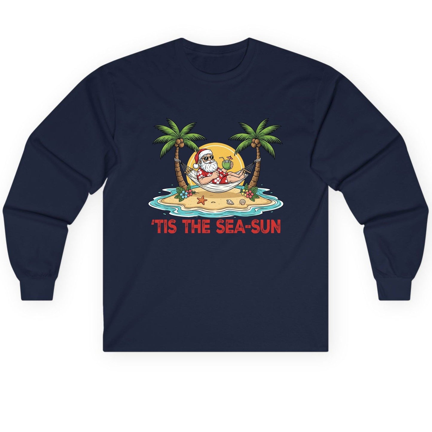 'Tis the Sea-Sun santa claus on a tropical vacation Long Sleeve Tee Navy product mockup