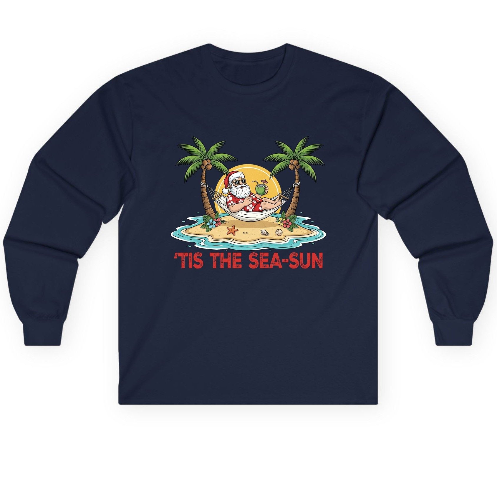 'Tis the Sea-Sun santa claus on a tropical vacation Long Sleeve Tee Navy product mockup